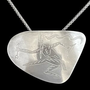 Vintage Mexican Large sterling silver etched warrior pendant